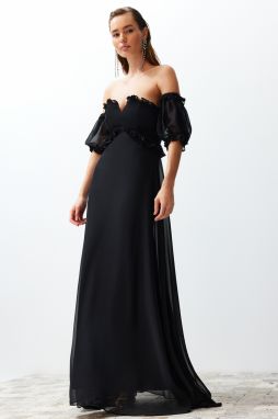 Trendyol Black Lined Chiffon Long Evening Dress