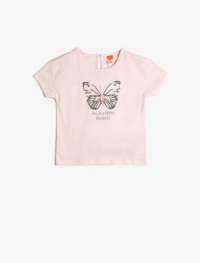 Koton T-Shirt Butterfly Sequin Embroidered Short Sleeve Crew Neck Cotton