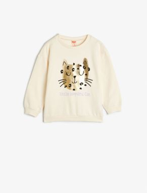 Koton Sweatshirt Long Sleeve Crew Neck Shiny Cat Printed Cotton Cotton
