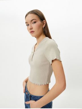 Koton V-Neck Crop T-Shirt Ribbed Short Sleeve Button Detailed