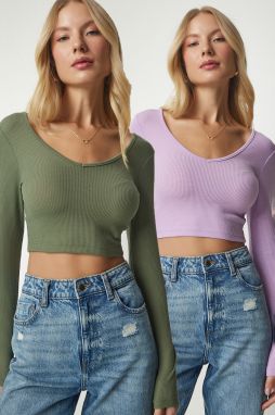 Happiness İstanbul Women's Khaki Lilac V Neck 2 Pack Crop Blouse