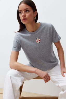 Trendyol Gray Melange Embroidered Regular/Normal Fit Knitted T-Shirt