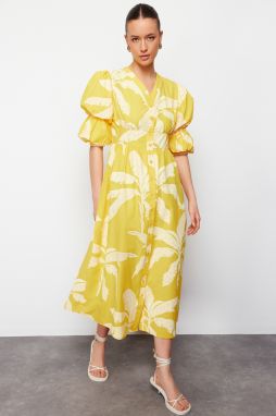Trendyol Yellow V-Neck Floral Pattern Half Balloon Sleeve Woven Shirt Dress