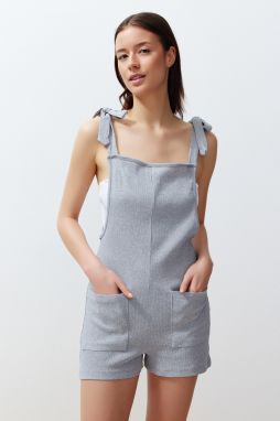 Trendyol Gray Melange Cotton Tie and Pocket Detail Waffle Knitted Jumpsuit