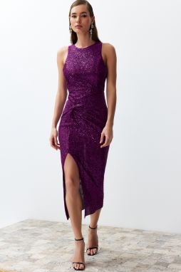 Trendyol Purple Fitted Knitted Shiny Sequined Elegant Evening Dress