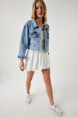 Happiness İstanbul Women's Light Blue Tassel Detailed Denim Crop Jacket