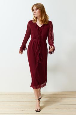 Trendyol Burgundy V Neck Ruffle Detailed Lined Tulle Knitted Midi Dress