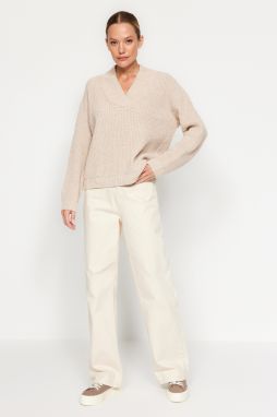 Trendyol béžová udržateľnejší pletený sveter s výstrihom do V