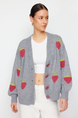 Trendyol Gray Soft Textured Strawberry Embroidered Knitwear Cardigan