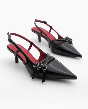Marjin Women's Pointed Toe Thin Heel Three-Stripes Classic Heeled Shoes Lefar Black Patent Leather