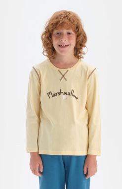 Dagi Light Yellow Long Sleeve Crew Neck Cotton TShirt