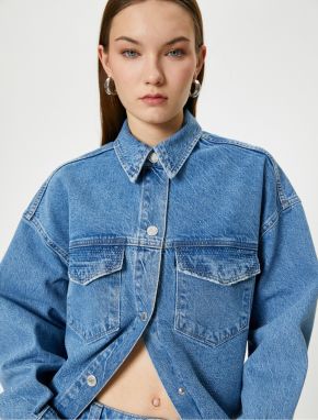 Koton Long Denim Jacket Shirt Collar Covered Pocket Cotton