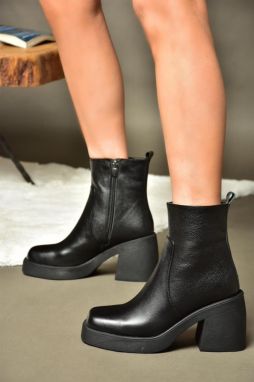 Fox Shoes R654006903 Black Genuine Leather Women's Boots with Thick Heels