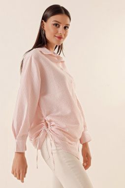 By Saygı Longitudinal Stripe with Drawstrings at the side seersucker Tunic Shirt Pink