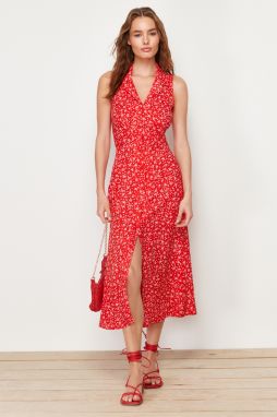 Trendyol Red Floral Viscose Midi Woven Dress