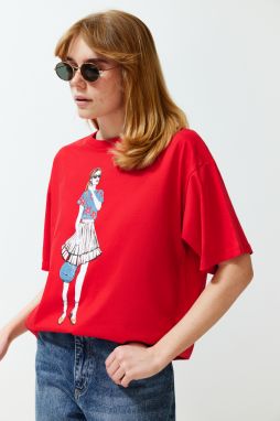 Trendyol Red Printed Relaxed Crew Neck Knitted T-Shirt