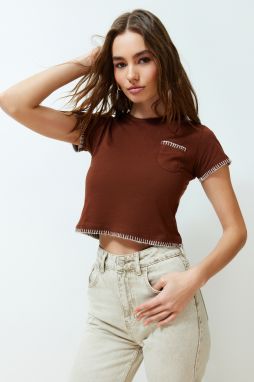 Trendyol Brown 100% Cotton Stitch Detail Regular Crop Knitted T-Shirt