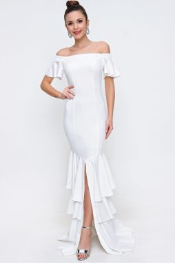 By Saygı Madonna Collar Evening Dress with Tiered Skirt and Front Slit