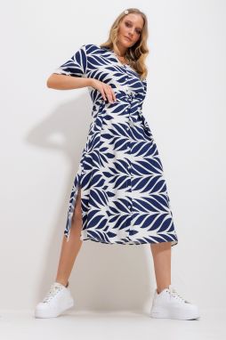 Trend Alaçatı Stili Women's Navy Blue Leaf Patterned Short Sleeve Shirt Dress