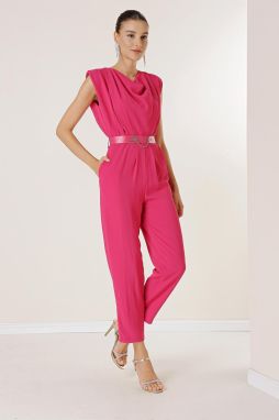 By Saygı Collar Collar Waist Belted Shoulders Padded Pocket Jumpsuit