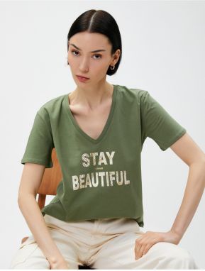 Koton Text Printed T-Shirt V-Neck Cotton