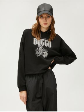 Koton Crop Sweatshirt Hooded Printed