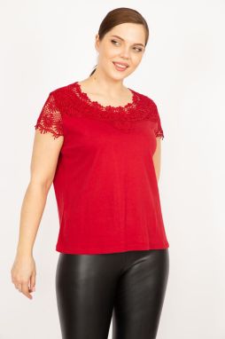 Şans Women's Red Plus Size Cotton Fabric Lace Detail Blouse