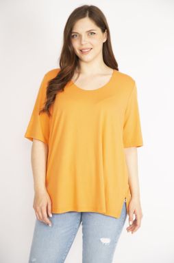 Şans Women's Orange Plus Size Front Two Layer Short Sleeve Lycra Blouse