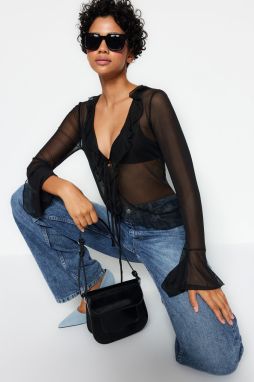 Trendyol Black Ruffle Tie Detail Tulle Stretch Knitted Blouse