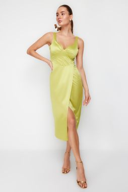 Trendyol Oil Green Satin Draped Wrap Dress