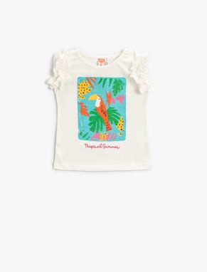 Koton Frill Sleeve T-Shirt Parrot Printed Embroidered Cotton