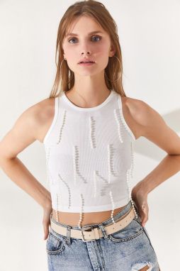 Olalook Women's Ecru Bead Garnished Ribbed Crop Blouse