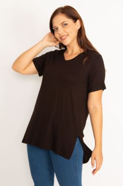 Şans Women's Plus Size Black V-Neck Blouse with Side Slits