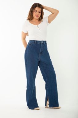 Şans Women's Large Size Navy Blue Jeans with Slit Legs