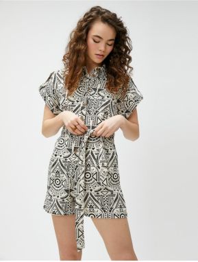 Koton Shorts Overalls Short Sleeve Buttoned Ethnic Patterned Belted Waist