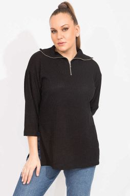 Şans Women's Plus Size Black Relaxed Cut Pat Zippered Side Slit Tunic