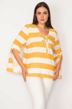 Şans Women's Plus Size Yellow Collar Striped Blouse with Eyelets and Lace-Up Detail with a Sleeve Slit