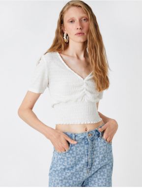 Koton Crop Blouse Gimped Detail V Neck