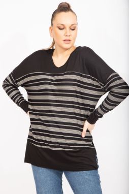 Şans Women's Plus Size Black Stripe Pattern V-Neck Viscose Tunic