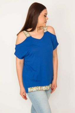 Şans Women's Plus Size Saks Blouse with Decollete, Straps and Sequin Lace Detail at the Hem