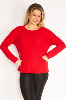 Şans Women's Plus Size Red Crewneck Striped Blouse