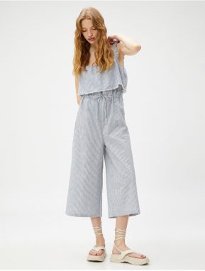 Koton Suspenders Playsuit with Frill Detailed Tie Waist Linen Blend.