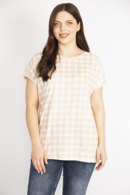 Şans Women's Mink Plus Size Front Checkered Low Sleeve Blouse