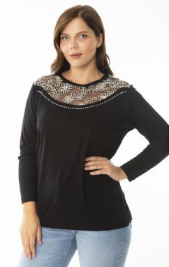 Şans Women's Plus Size Black Collar Long Sleeved Blouse With Tulle Embroidery And Stones Detail