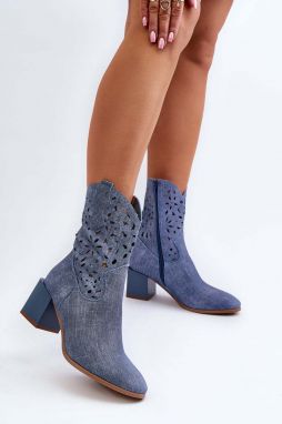 Blue Irvelame denim ankle boots with an openwork upper on the block