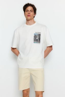 Trendyol Ecru Relaxed/Comfortable Cut Basketball Printed 100% Cotton T-Shirt