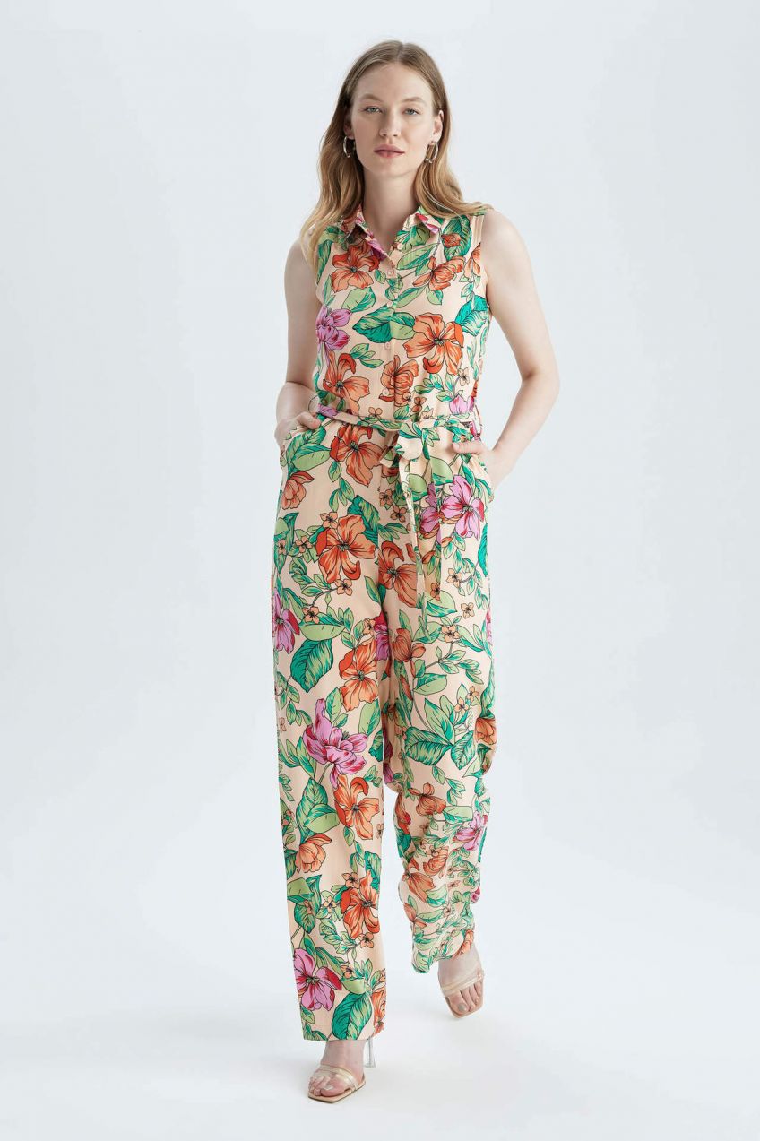 DEFACTO Shirt Collar Floral Sleeveless Jumpsuit