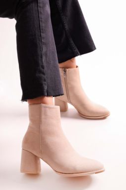 Shoeberry Women's Haylee Beige Suede Heeled Boots Beige Suede