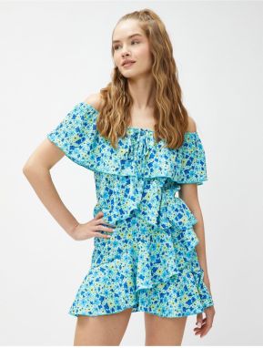 Koton Floral Jumpsuit With Off-the-Shoulder Frilly Tie Detail