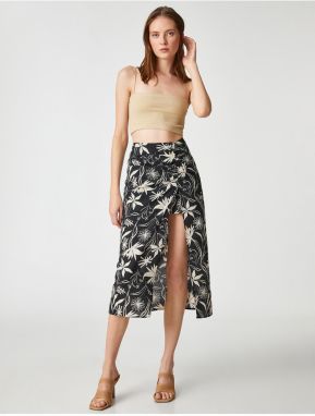 Koton Midi Length Skirt Draped and Slit Linen Blend